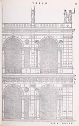 Fragment elewacji bazyliki w Vicenzy, ilustracja z faksymile I Quattro Libri dellArchitettura autorstwa Palladio, pierwotnie wydana 1570
